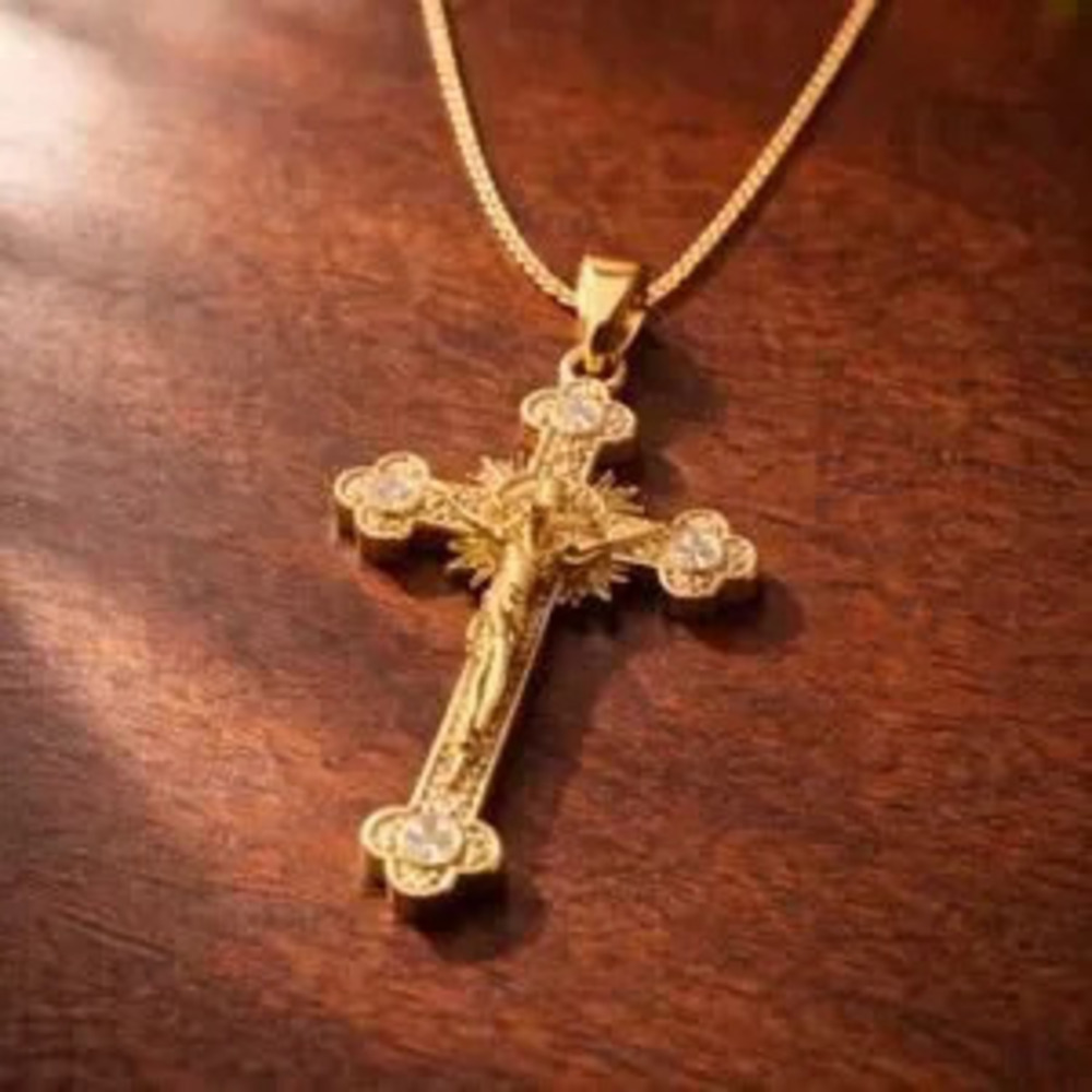 18k Plated Traditional Crucifix Necklace C Gold CZ Cross on 22in. 1mm. Box Chain